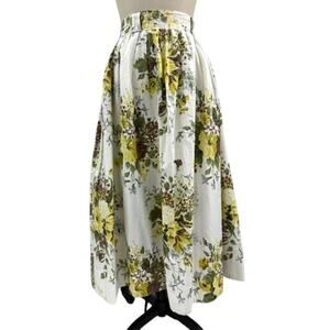 50s VTG White Cotton Floral Skirt Yel/Brw/Green Pleated Metal Zipper Belt Loops